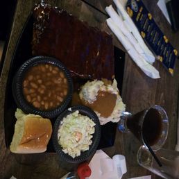 BBQ ribs with baked beans, coleslaw, mashed potatoes and gravy, and a Hawaiian roll. Drink: espresso martini w/ some chocolate syrup BBQ ribs with baked beans, coleslaw, mashed potatoes and gravy, and a Hawaiian roll. Drink: espresso martini w/ some chocolate syrup