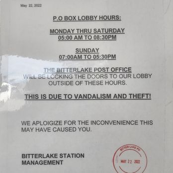 US Post Office - (Reduced) PO Box Lobby Hours - Post Offices Near Me - Seattle, Washington US Post Office - (Reduced) PO Box Lobby Hours - Post Offices Near Me - Seattle, Washington