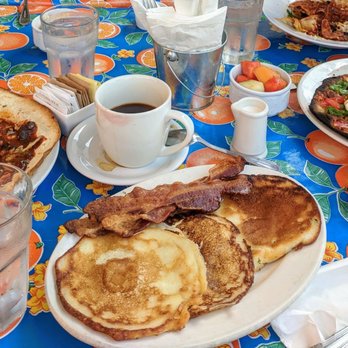 Genovese's Kitchen - Sour cream pancakes with bacon. Left is huevos rancheros and the right is the breakfast pizza. All great dishes - Pizza Near Me - Alhambra, California