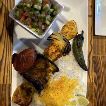 TehranRo Grill - Shish chicken kebab it can be all basmati rice or half rice and half salad ( Green salad or Shirazi salad - Mediterranean Near Me - Los Angeles, California