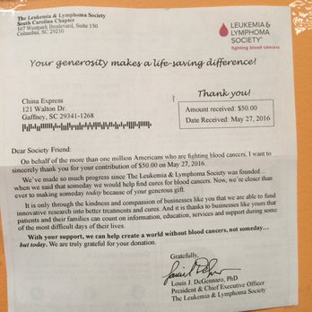 China Express - a letter sent to a customer - Chinese Near Me - Gaffney, South Carolina