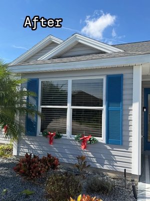 SHUTTERS & FRONT DOOR PAINT JOB 2025 - REPEAT CUSTOMERS ASKED FOR US TO UPDATE AND CHANGE THE COLOR OF THEIR FRONT DOOR AND WANTED THE SHUTTERS TO MATCH. THE COLOR COMPLETES THIS VILLAGE HOME AND BRIGHTENS THE HOUSE IN ITS ENTIRETY.