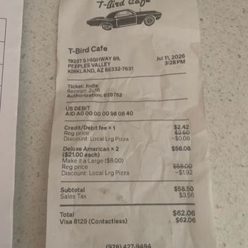 T-Bird Cafe - Receipt - Pizza Near Me - Peeples Valley, Arizona T-Bird Cafe - Receipt - Pizza Near Me - Peeples Valley, Arizona