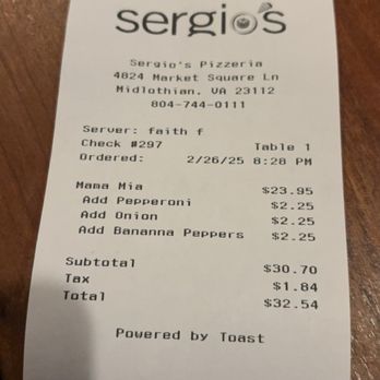 Sergio's - Ticket - Pizza Near Me - Midlothian, Virginia