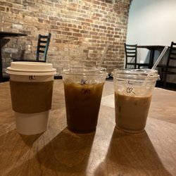@Oak & Main - 3 drinks- hot chocolate, the "Bee's Knees" latte, caramel latte