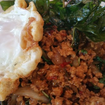 Tiny Thai Restaurant - Kaprow Kai with crispy Kaprow leaf on top. - Thai Near Me - Winooski, Vermont
