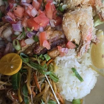 Da Soriano Grindz - Garlic shrimp and chicharron combo with pancit and rice - Filipino Near Me - Kahului, Hawaii