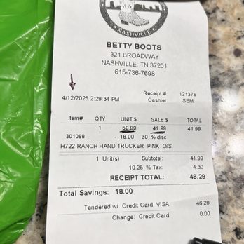 Betty Boots - Receipt with the marked up price and fake 30% discount off - Shoe Stores Near Me - Nashville, Tennessee Betty Boots - Receipt with the marked up price and fake 30% discount off - Shoe Stores Near Me - Nashville, Tennessee
