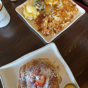 Monica’s Riverview - Lemon Ricotta Pancakes (short stack, normal size is WAY bigger) and Surf n Turf Benedict - Breakfast & Brunch Near Me - Antioch, California