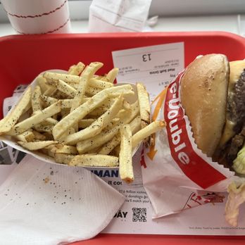 In-N-Out Burger - Double double (onions, grilled onions, extra tomatoes), friends and a medium drink - Fast Food Near Me - Riverton, Utah