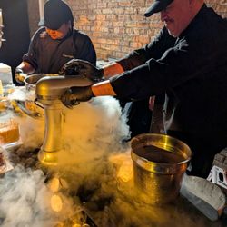 Dinner, dancing, and event space at Revel Motor Row for an Indian wedding event (sangeet). Liquid nitrogen ice cream station.