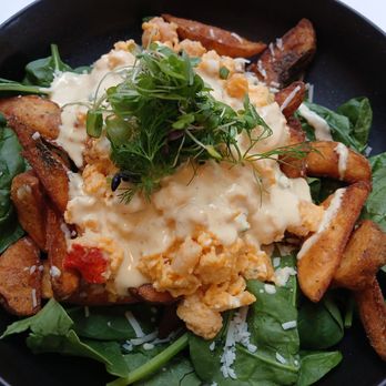 OEB Breakfast - Downtown - Shrimp and Lobster and spinach poutine - Breakfast & Brunch Near Me - Calgary, Alberta