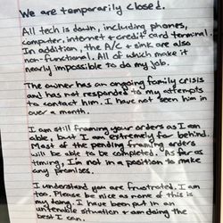 West End Gallery - Fine Art & Custom Framing - Letter regarding business temporarily closing: