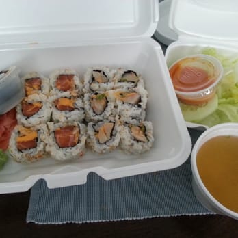 Lee's Sushi - Lunch box combo (2 rolls, soup, and salad)  Spicy yellowtail and spicy salmon roll.  Mmmmmm! - Sushi Bars Near Me - Hillsborough, New Jersey