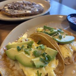Breakfast tacos, hold the hashbrowns and add avocado!