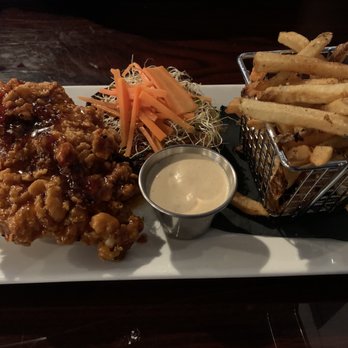 4118 Kitchen+Bar - Fries chicken sandwich with Korean BBQ sauce, blue cheese, fermented carrots, and hand cut fries. - New American Near Me - Highlands, North Carolina 4118 Kitchen+Bar - Fries chicken sandwich with Korean BBQ sauce, blue cheese, fermented carrots, and hand cut fries. - New American Near Me - Highlands, North Carolina