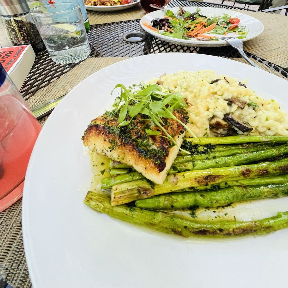 Blue Heron Restaurant - Sea bass with asparagus and risotto was a little greasy but definitely good - New American Near Me - Santa Fe, New Mexico Blue Heron Restaurant - Sea bass with asparagus and risotto was a little greasy but definitely good - New American Near Me - Santa Fe, New Mexico