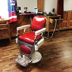 Windsor's Lucky 27 Barbershop & Shave Parlor - Notice the NY Giants barber Cape on the wall? 1930 Theo Kochs chair .........awesome ;)