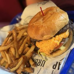 Smash burger with pimento and hand cut fries!