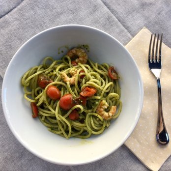 Platina - Spaghetti special, pesto and cherry tomatoes with shrimp - divine - Italian Near Me - Milan, Michigan