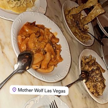 Mother Wolf - Pasta spread. Appetizers and both pizzas got eaten really fast so I couldn't get a picture. - Pizza Near Me - Las Vegas, Nevada Mother Wolf - Pasta spread. Appetizers and both pizzas got eaten really fast so I couldn't get a picture. - Pizza Near Me - Las Vegas, Nevada