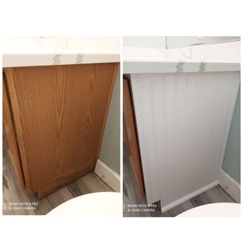 Handyman Home Upgrades - Bathroom vanity I re-skinned in beadboard and fresh trim for a client - Handyman Near Me Handyman Home Upgrades - Bathroom vanity I re-skinned in beadboard and fresh trim for a client - Handyman Near Me