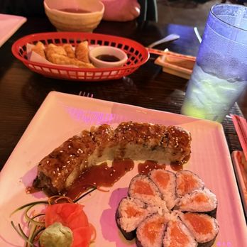 Yamato - Gyoza in the background, my sushi rolls (salmon and eel/avocado) in the foreground. - Japanese Near Me - Crawfordsville, Indiana