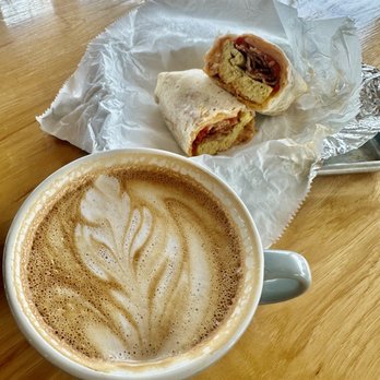 Living Room Coffee & Kitchen - Latte and breakfast burrito - Coffee & Tea Near Me - Maplewood, Missouri