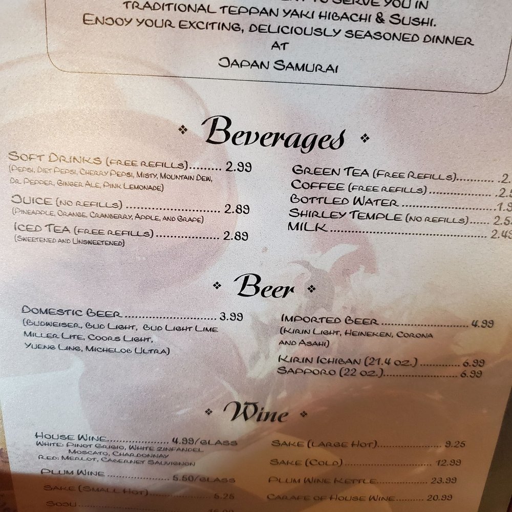 Japan Samurai - he menu for the restaurant - Sushi Bars Near Me - Chesapeake, Virginia Japan Samurai - he menu for the restaurant - Sushi Bars Near Me - Chesapeake, Virginia