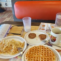 Waffle House - 3/18/24 Waffle Sausage patties Double hash browns scattered light Cawfee Ready for the syrup