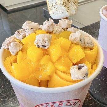 Rock N Roll - #8. Mango Tango Ice Cream Roll with cookie dough, mango pieces, & toasted marshmallow. - Ice Cream & Frozen Yogurt Near Me - Stockton, California Rock N Roll - #8. Mango Tango Ice Cream Roll with cookie dough, mango pieces, & toasted marshmallow. - Ice Cream & Frozen Yogurt Near Me - Stockton, California