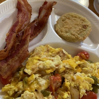 Cahawba House - Scrambled eggs with cheese and veggies, bacon, and one friend green tomato. Perfect! - Southern Near Me - Montgomery, Alabama