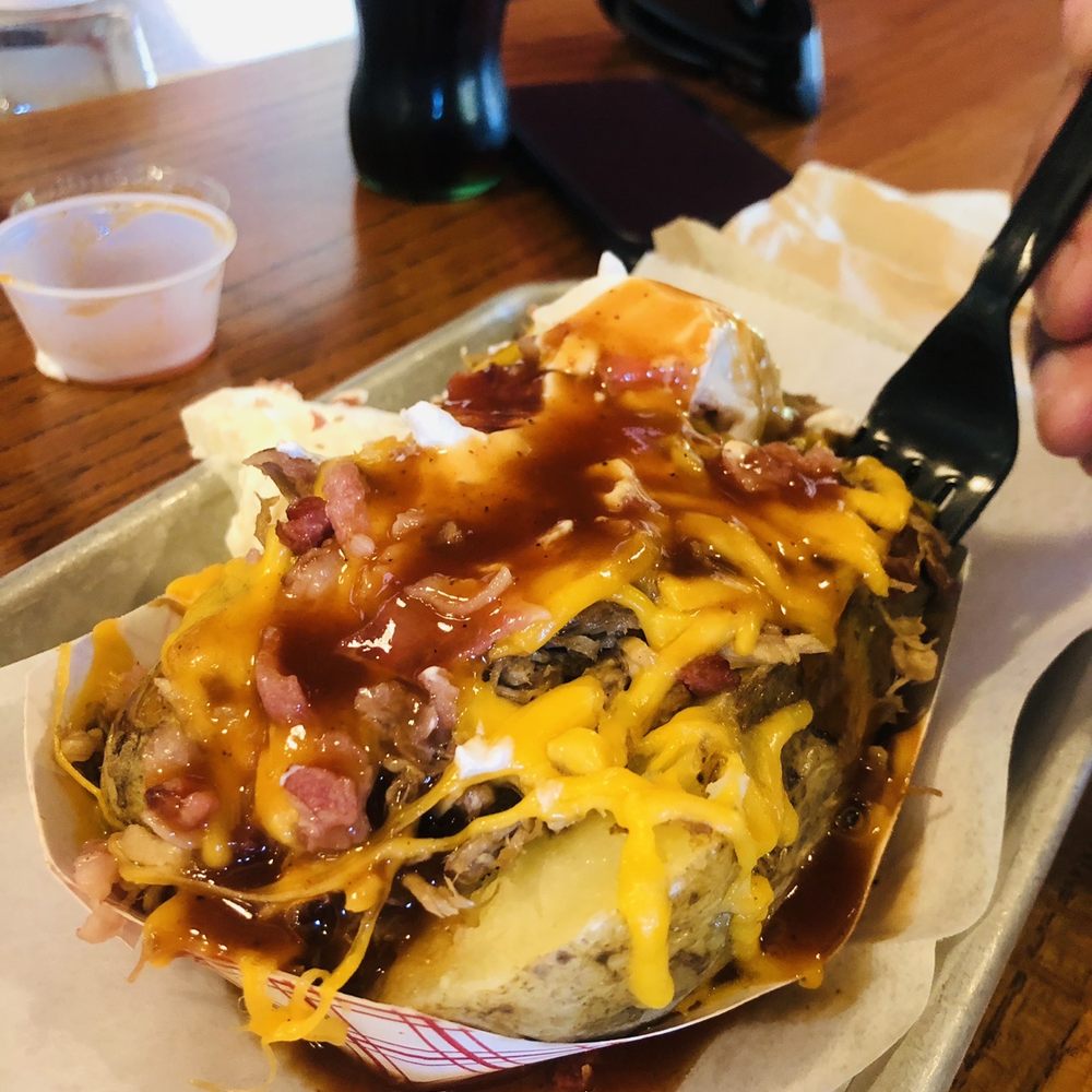 Baked potato with pulled pork. Yum!!! Baked potato with pulled pork. Yum!!!