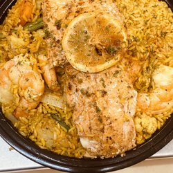 Mrs Zee'S - Salmon ,Colossal shrimp with homemade yellow fried rice ,mixed veggies with or without fried eggs bowl. BBQ Beef Brisket Platter