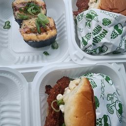 Chicken sandwiches and misubi