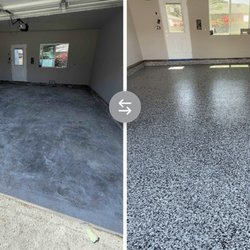 Top Notch Epoxy - Before and after. Domino flake with polyaspartic top coat.