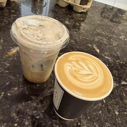 Dark Horse Espresso Bar - Iced pistachio latte with salted caramel cold foam and a vanilla caramel latte