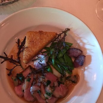 Chez Panisse - 5/2/2017 restaurant main of Duck, polenta, rhubarb, snap peas - New American Near Me - Berkeley, California Chez Panisse - 5/2/2017 restaurant main of Duck, polenta, rhubarb, snap peas - New American Near Me - Berkeley, California