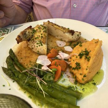 La Doulce Terrasse - Roast chicken with sweet mashed potatoes, asparagus and a DELICIOUS mustard sauce - Creperies Near Me - Villandry, 37