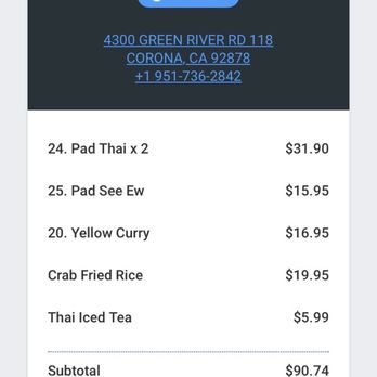 Thai E-San - Receipt with updated pricing for noodles, curry, and Thai iced tea. - Thai Near Me - Corona, California Thai E-San - Receipt with updated pricing for noodles, curry, and Thai iced tea. - Thai Near Me - Corona, California