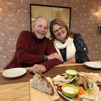 Vesta - Friends Andy and Tiffanie Eisenhauer before the Mezza platter and focaccia - Italian Near Me - North Yarmouth, Maine