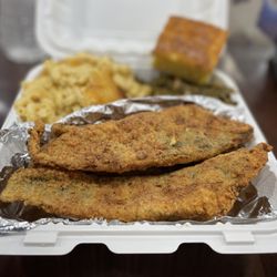 Platters Seafood & Soul Food - Fried fish, collard greens, Mac and cheese and cornbread.