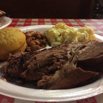 Black's Barbecue Lockhart - 1/2 lb beef brisket plate with beans and potato salad and jalapeño corn bread - Barbeque Near Me - Lockhart, Texas Black's Barbecue Lockhart - 1/2 lb beef brisket plate with beans and potato salad and jalapeño corn bread - Barbeque Near Me - Lockhart, Texas