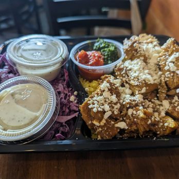 Falafel Salam - Chicken shwarma plate, Greek style salad, half extra spicy, half spicy sauce - Middle Eastern Near Me Falafel Salam - Chicken shwarma plate, Greek style salad, half extra spicy, half spicy sauce - Middle Eastern Near Me