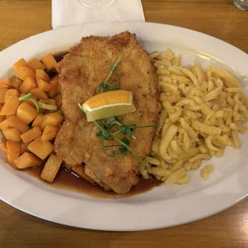 Kutscherschänke - Schnitzel with diced pumpkin and spaetzle - German Near Me - Dresden, SN Kutscherschänke - Schnitzel with diced pumpkin and spaetzle - German Near Me - Dresden, SN