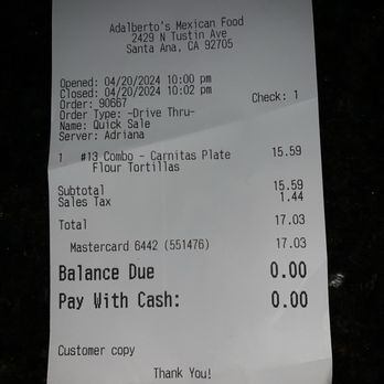 Receipt for #13 combo plate.