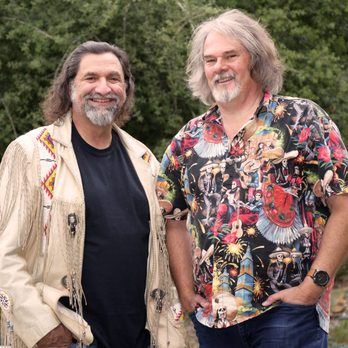 High Seas Trading - Steve Brown wearing a High Seas Trading Co. Day of the Dead aloha shirt, with Southwest Stories co-host Steve Rushingwind. - Men's Clothing Near Me - Laguna Hills, California