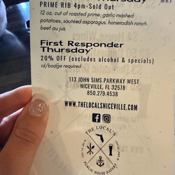 The Local's Eatery - First responder discounts on Thursdays. - Gastropubs Near Me - Niceville, Florida The Local's Eatery - First responder discounts on Thursdays. - Gastropubs Near Me - Niceville, Florida