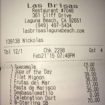 Las Brisas - Receipt - Mexican Near Me - Laguna Beach, California Las Brisas - Receipt - Mexican Near Me - Laguna Beach, California