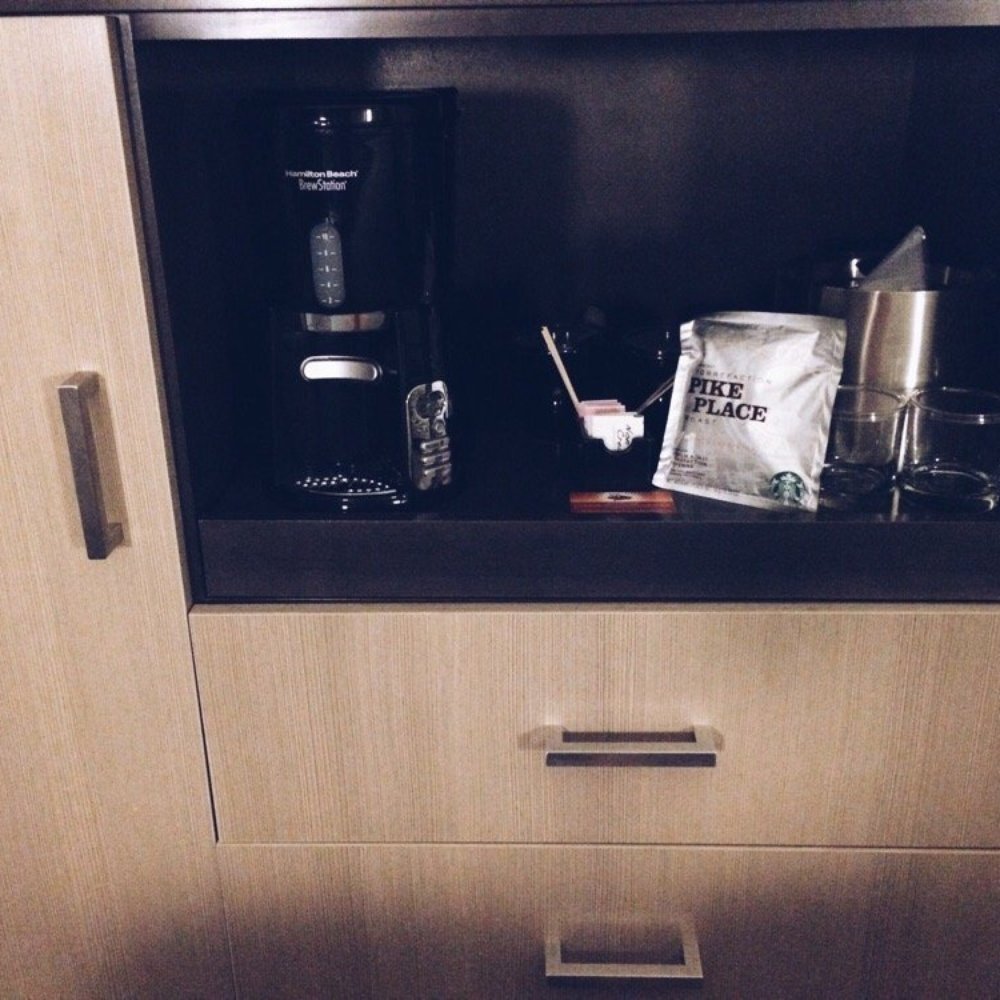 Hotel room goodies. Coffeemaker was a big womp though. Hotel room goodies. Coffeemaker was a big womp though.